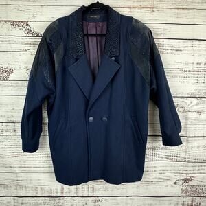 Womens VTG 80s Havoc Navy Blue Wool Leather Suede Shoulder Midi Trench Coat 9/10
